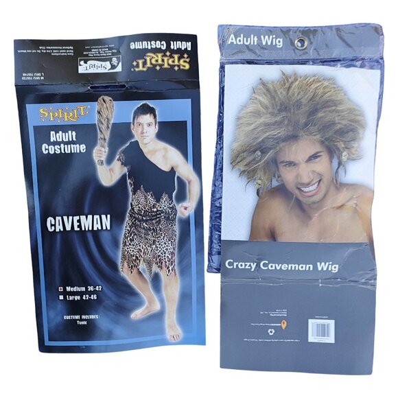 Caveman Costume Men Size Medium 36-42 (Tunic, Wig, Club, Shoe Covers) Halloween - Picture 14 of 14